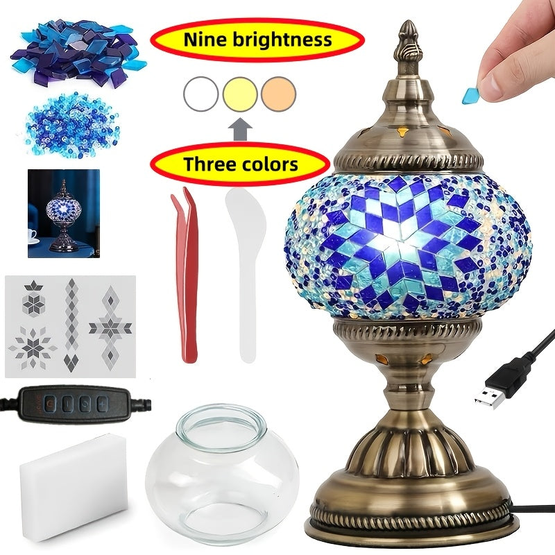 DIY Turkish Moroccan Mosaic Lamp Kit Handmade Glass Metal Brass Dimmable Bohemian Table Light for Bedroom Living Room Office Vintage Boho Decor Gift Multiple Colors 3-Color Adjustable Option