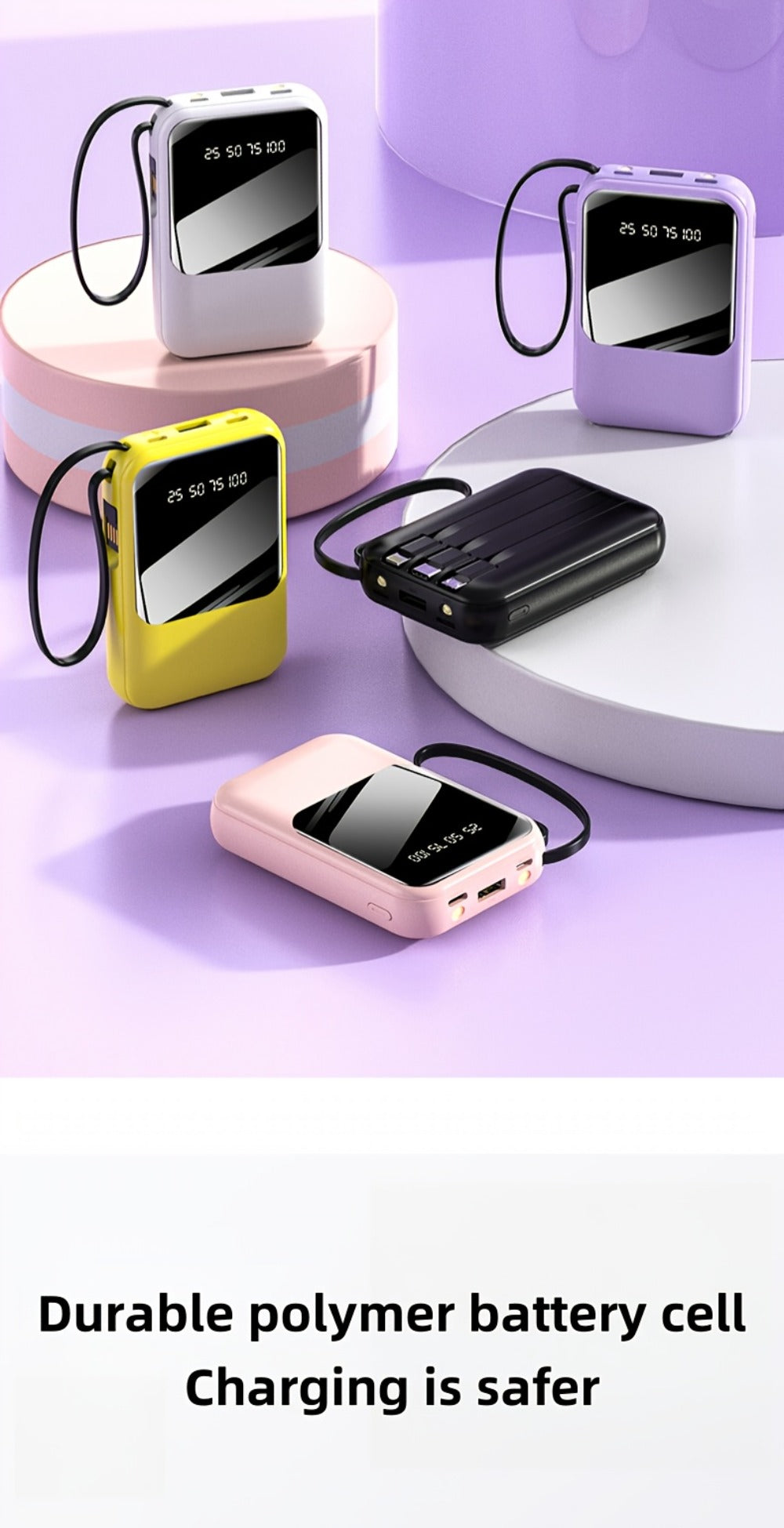 10000mAh Mini Power Bank with Built-in 4 Cables – 22.5W Super Fast Charging, LED Display, Cute Portable Charger for iPhone, Android, Samsung & Travel, Ultra-Compact Battery Pack with LED Light
