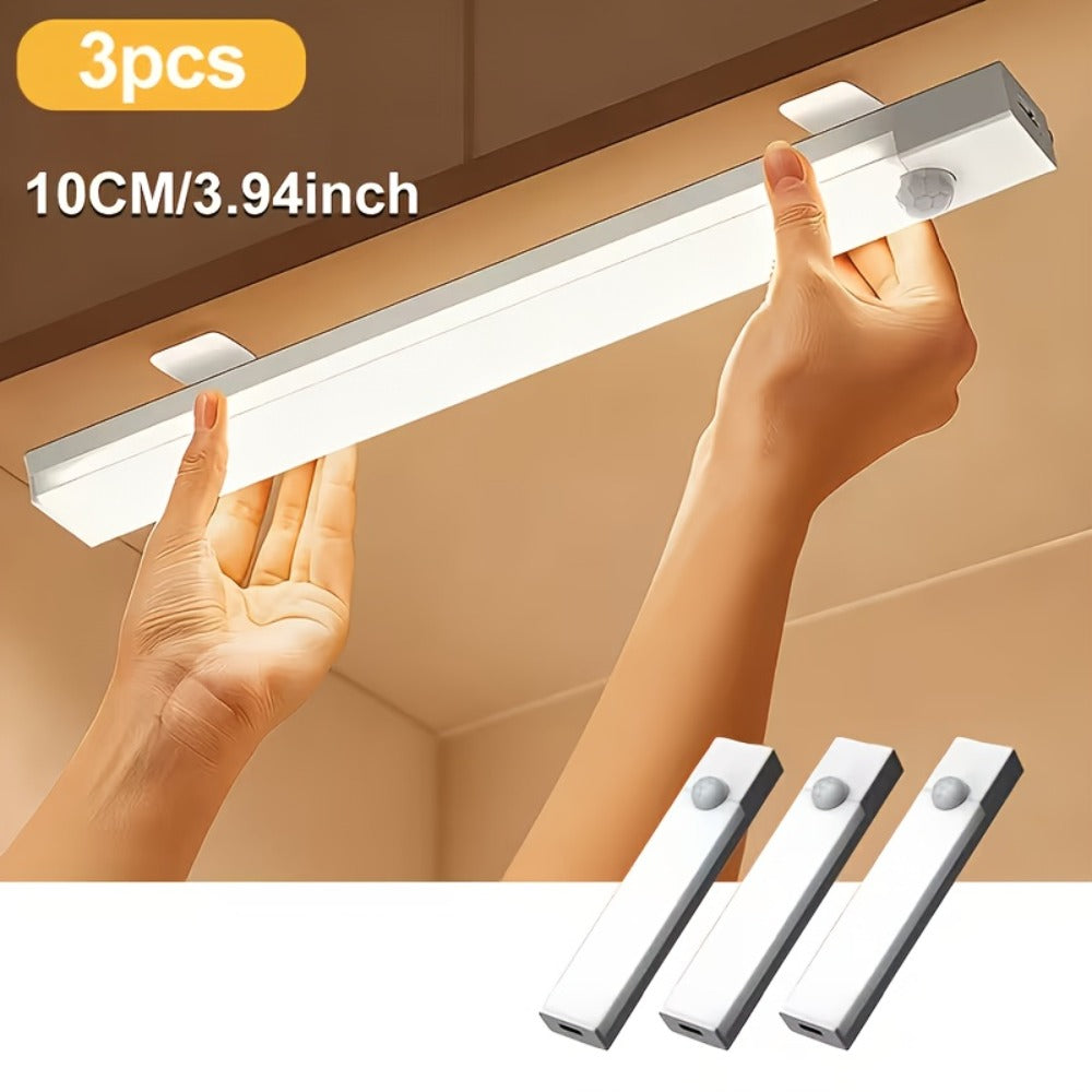 Rechargeable Motion Sensor LED Night Light 6 Pack - 400mAh USB, 3 Brightness Levels, Wireless Stick-On Bar for Cabinet, Stair, Bedroom, Kitchen & Hallway (3.94" / 7.87" / 11.8", 3 or 6 Pack)