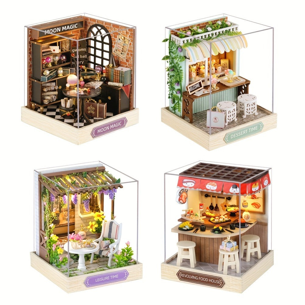 DIY Wooden Miniature House Kit with Dust Cover in Three Themes