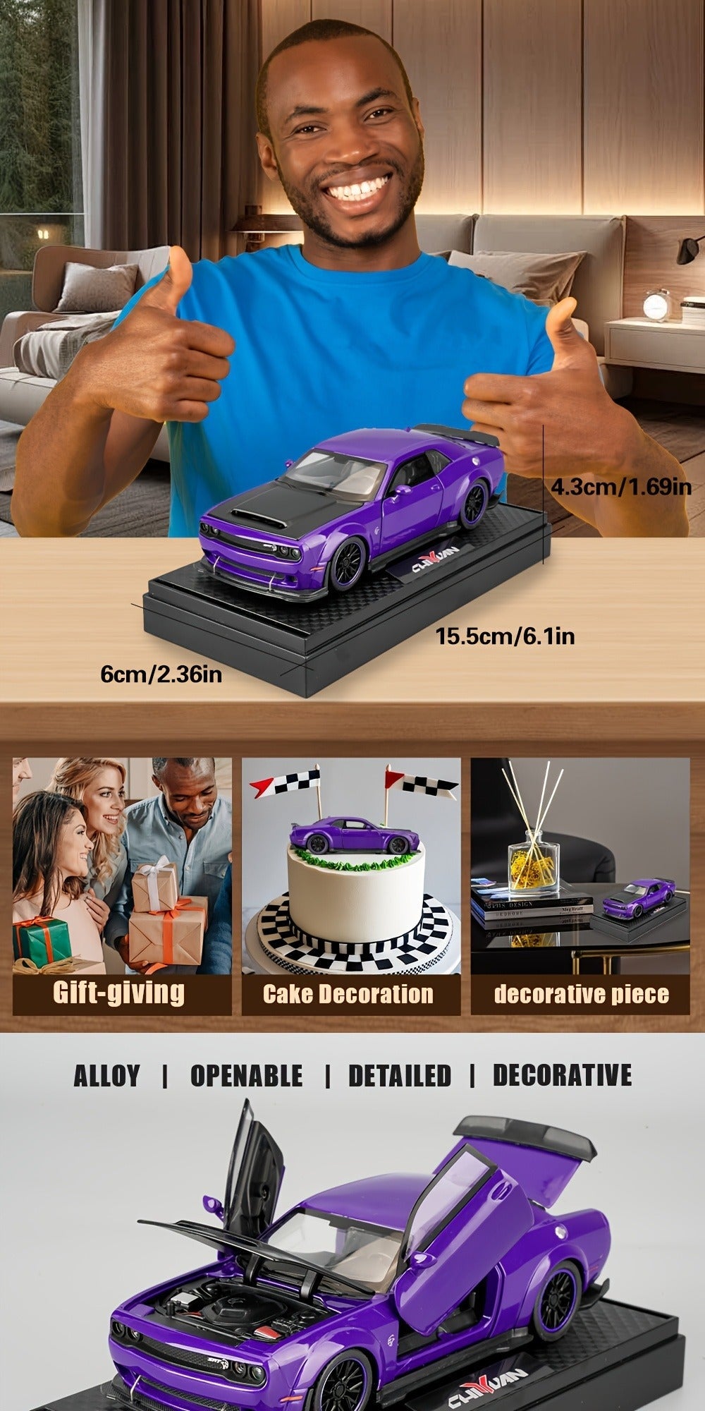 Dodge Sports Car Diecast Model, Purple Zinc Alloy Static Collectible with Display Base & Opening Doors