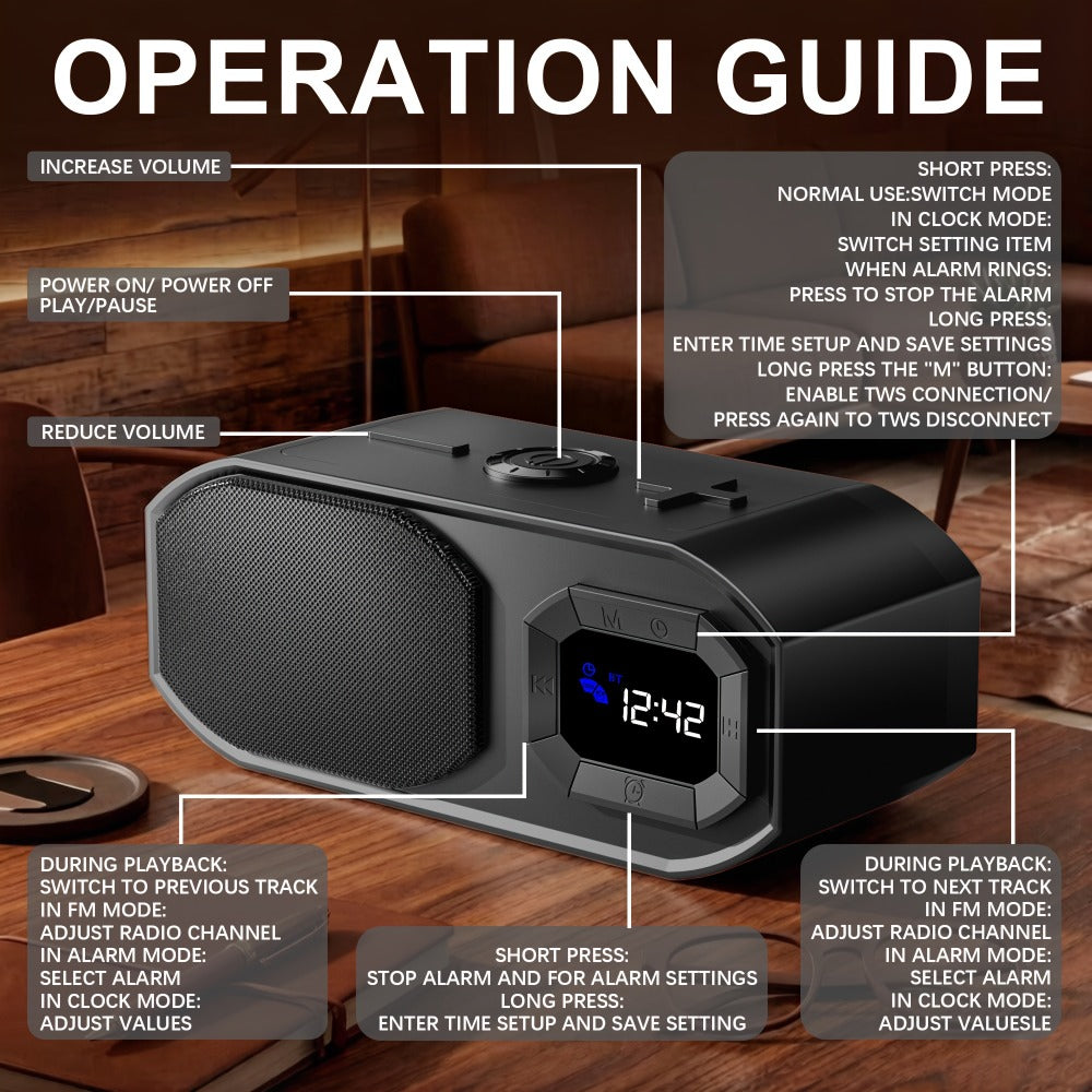 Bluetooth Speaker with Digital Alarm Clock, Fixed-Time Alarm, HD Sound, TWS Stereo Pairing, USB TF Card AUX Input, Type-C Rechargeable, Non-Slip Base, Wireless Bedside Speaker for Home Bedroom Dorm Camping
