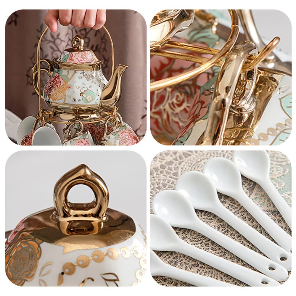 European Floral Ceramic Tea Set 20 Pcs – Italian Style Afternoon Tea Set with Metal Stand – Blooming Pattern Teapot & Cups – Elegant Gift for Tea Lovers & Special Occasions – Golden