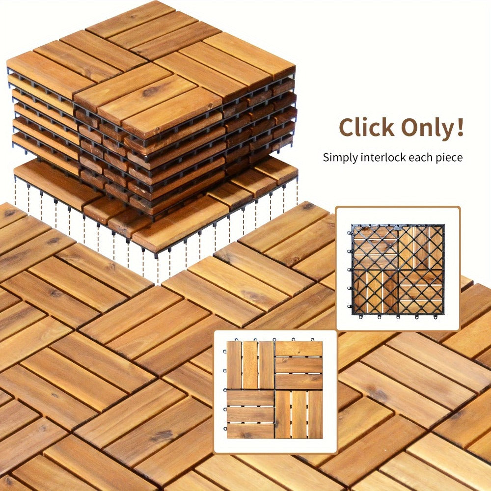 Interlocking Acacia Wood Deck Tiles 27-Pack – 12x12 Inch Oil-Finished Slat Tiles, Covers 27 Sq Ft, Tool-Free Install, for Patio, Balcony, Garden, Deck & Indoor Flooring