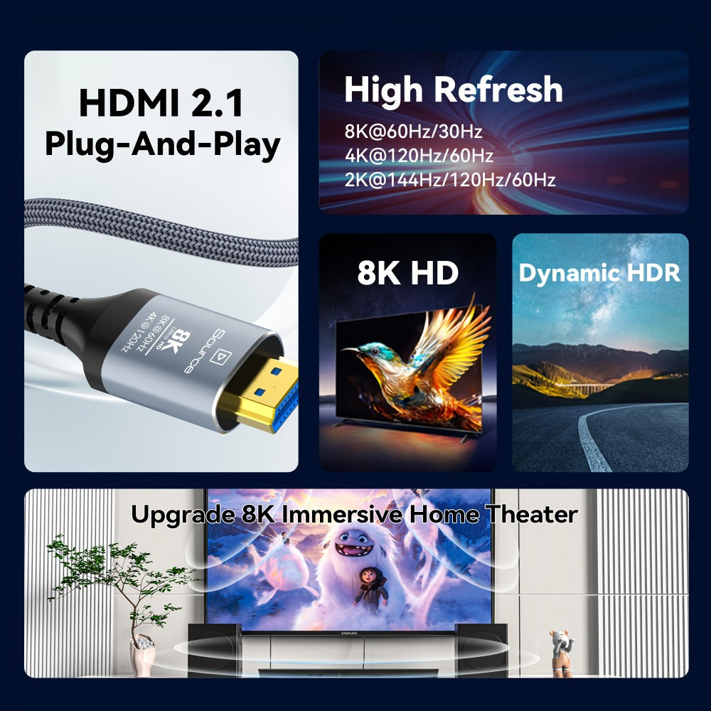 Long Fiber Optic HDMI Cable 32FT 50FT 65FT 100FT – HDMI 2.1 48Gbps 8K60Hz 4K120Hz HDR eARC HDCP 2.2 Slim Braided Cord, No Signal Loss, Compatible with PS5 Xbox TV Monitor Projector