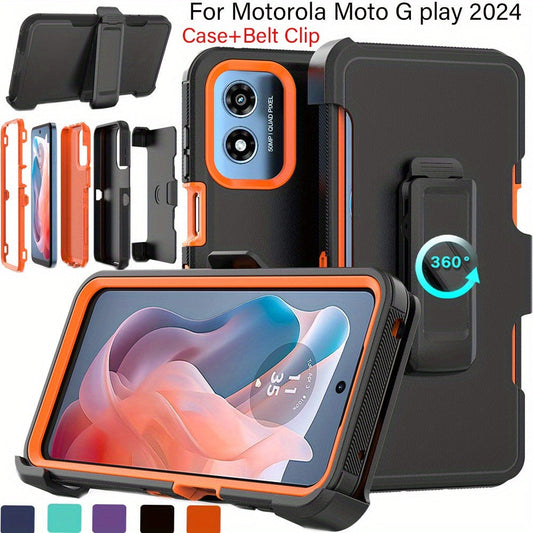 Moto G Play 2024 Heavy Duty Case Belt Clip Holster Kickstand - 3-in-1 Rugged Shockproof Protective Cover with Multi-Layer Drop Protection for Motorola Moto G Play 2024, Black Orange Blue Purple Green