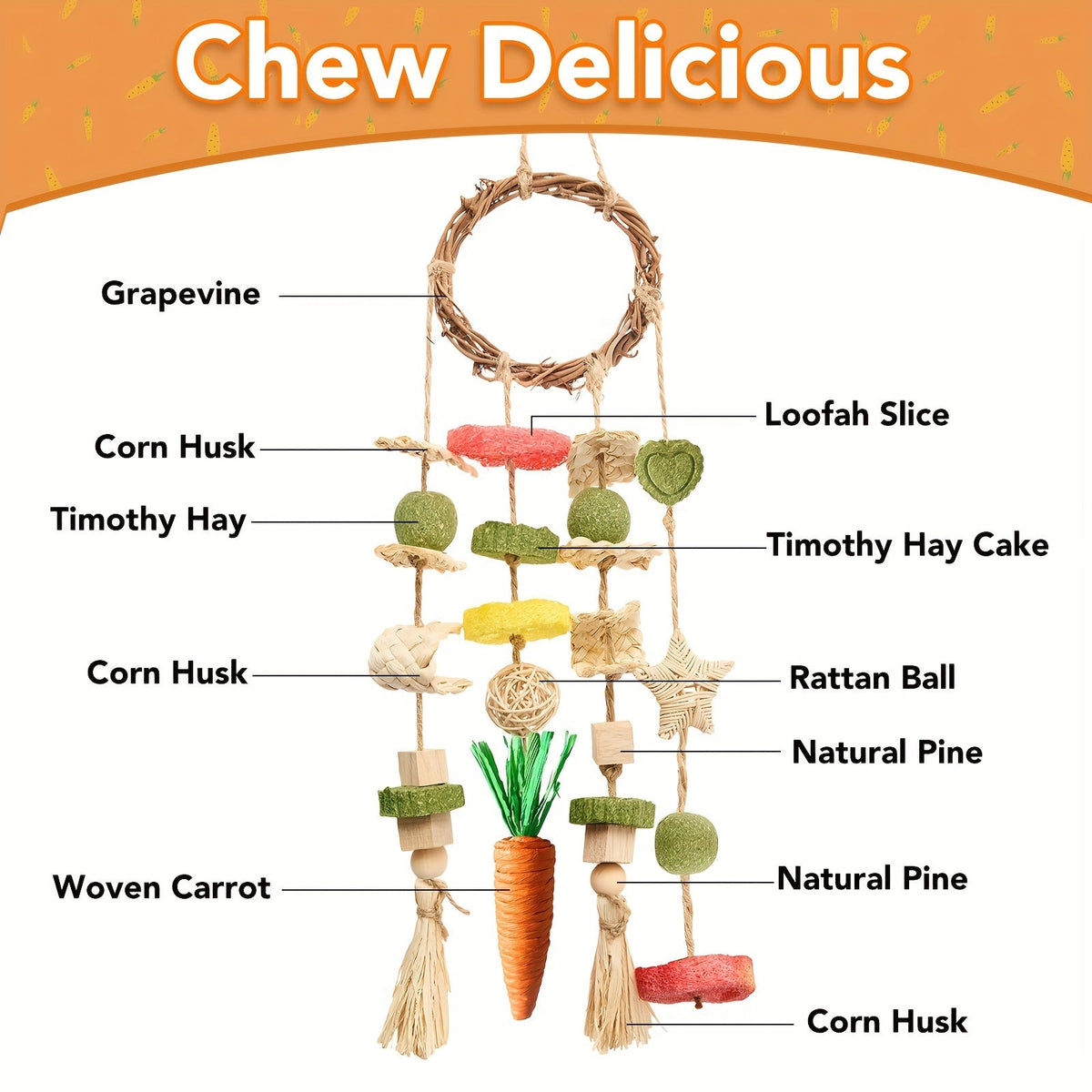 Small Animal Chew Toys 2 Pack - Rattan Ring Hanging Cage Toys with Natural Snacks for Rabbits Guinea Pigs Chinchillas Hamsters Rats - Teeth Grinding Enrichment Toy for Bunnies and Small Pets