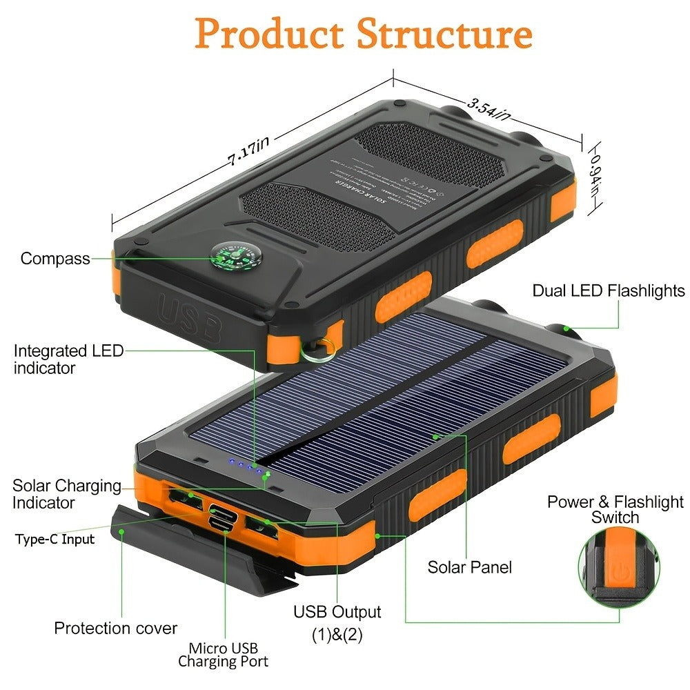 29800mAh Solar Power Bank with Compass & Dual LED Flashlight – Outdoor Camping Portable Charger, Dual USB 5V Output, SOS Emergency Battery Pack for Cell Phones & Mobile Devices, Black/Orange