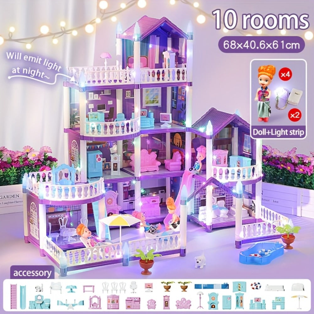 Purple LED Dollhouse Playset with 6 to 16 Room Options and Furniture