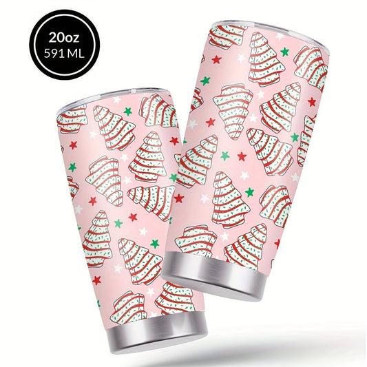 Insulated Tumbler, 20 oz Pink Christmas Tree Cookie Design with Lid and Straw