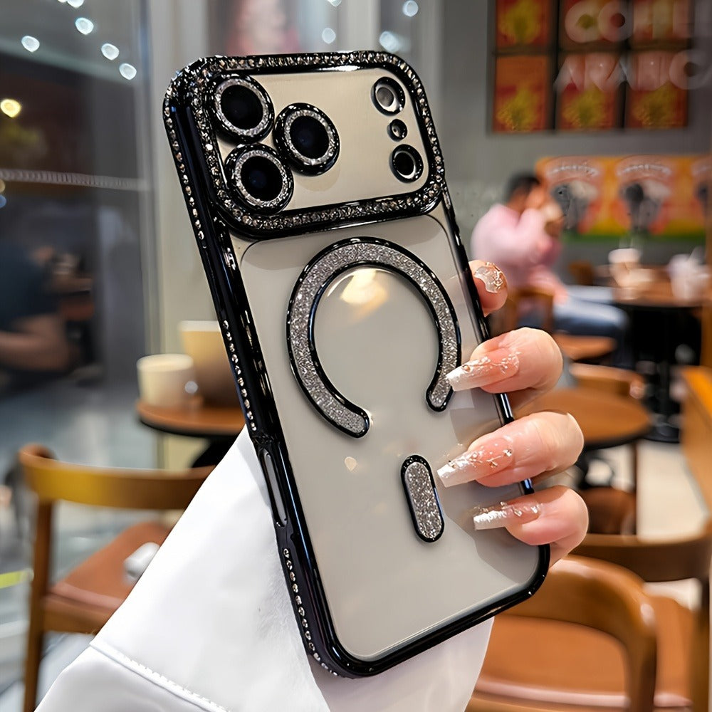 Diamond Side Magnetic iPhone Case for iPhone 17 16 15 14 13 Pro Max Plus Air 16e – Luxury Rhinestone Shiny Electroplated Wireless Charging Supported Protective Cover