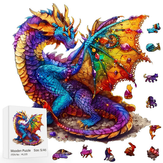 Dragon Wooden Jigsaw Puzzle – Gemstone Fantasy, Irregular Animal-Shaped Pieces, 2 Sizes