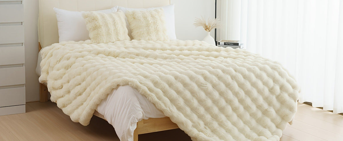 Faux Rabbit Fur Throw Blanket – Ultra-Soft Plush Fleece for Bed, Couch, Sofa & Travel, All Season, 11 Colors, Throw to King Size