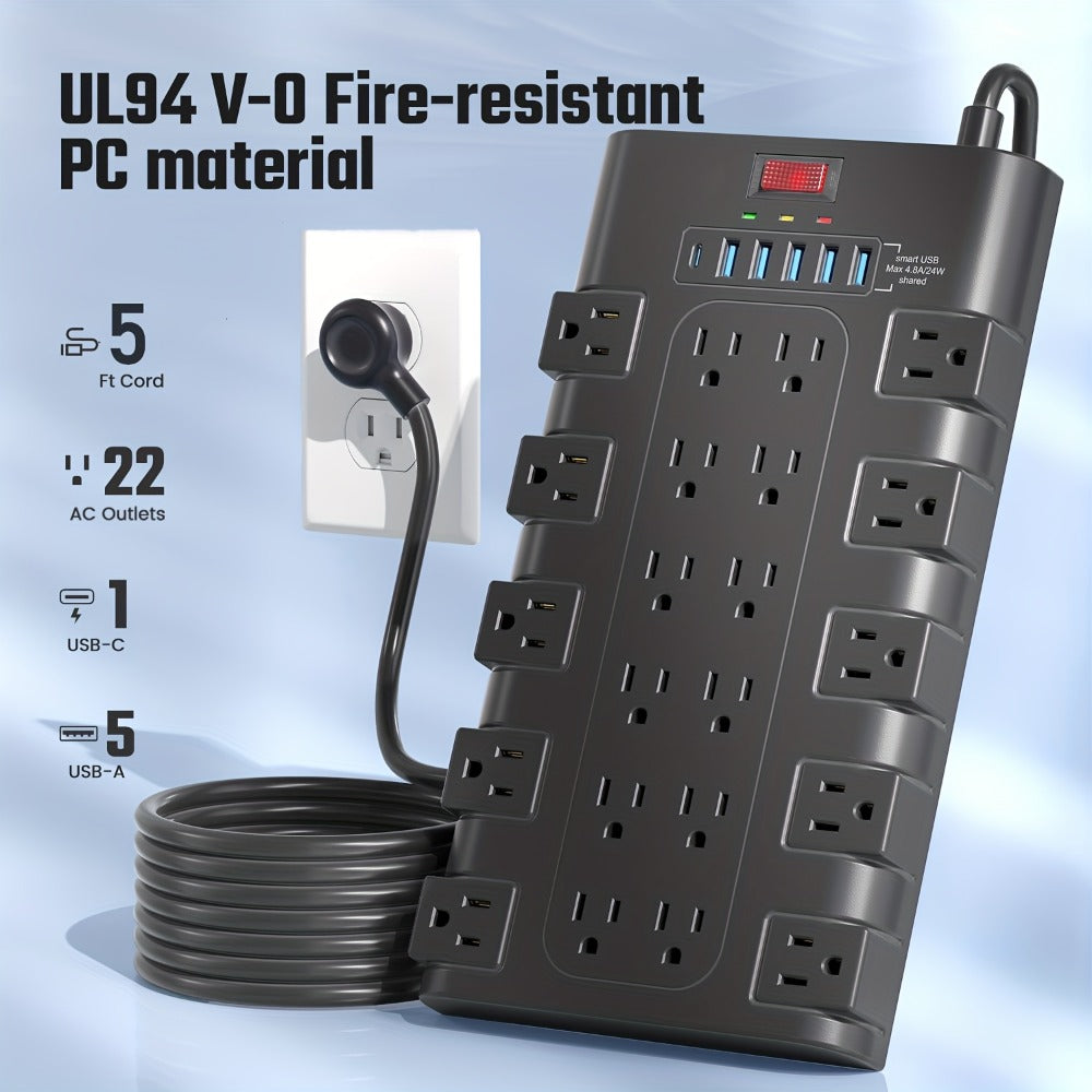 Gaming Room Surge Protector Power Strip 28-in-1 with 22 AC Outlets 6 USB Ports 24W 2100 Joules 1875W 15A Flat Plug Wall Mount Switch 5 7 13ft Extension Cord for Home Office Dorm Gaming Setup – Black