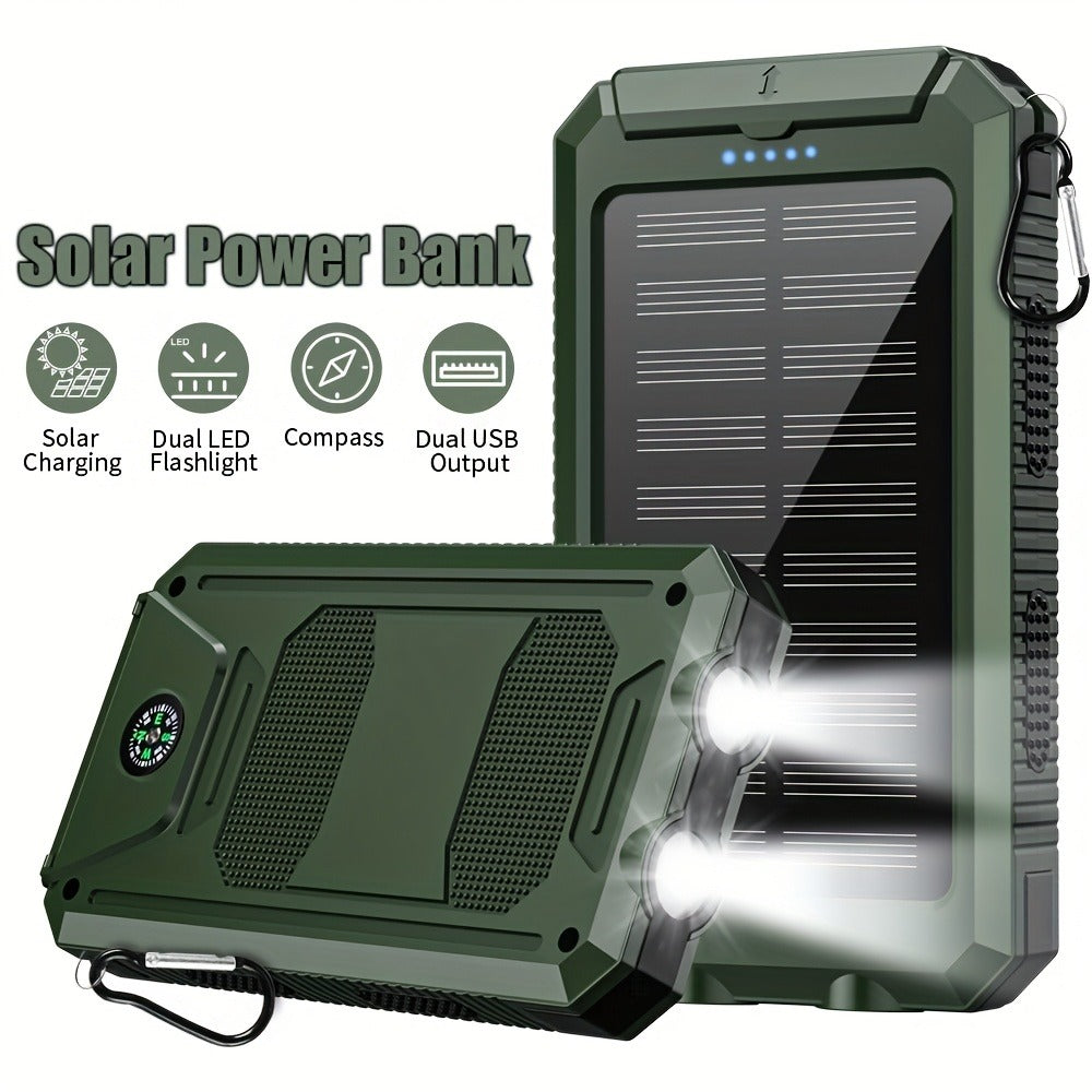 29800mAh Solar Power Bank with Compass & Dual LED Flashlight – Outdoor Camping Portable Charger, Dual USB 5V Output, SOS Emergency Battery Pack for Cell Phones & Mobile Devices, Black/Orange
