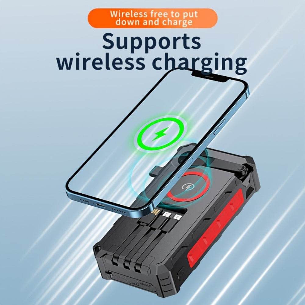 Hand Crank Solar Power Bank 30000mAh Wireless Charging 7 Output Ports 4 Input Options SOS Emergency Light 15W Fast Charge 3 Built-in Cables Camping Hiking Outdoor Survival Orange