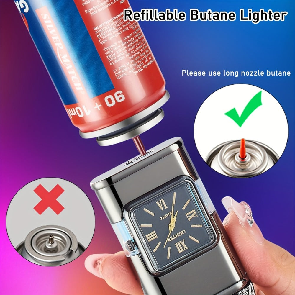 Double Flame Windproof Lighter Creative Retro Metal Lighter Dragon Eagle Gun Shape Quartz Dial Portable Outdoor Lighter Men Gift Box Butane Gas Not Included