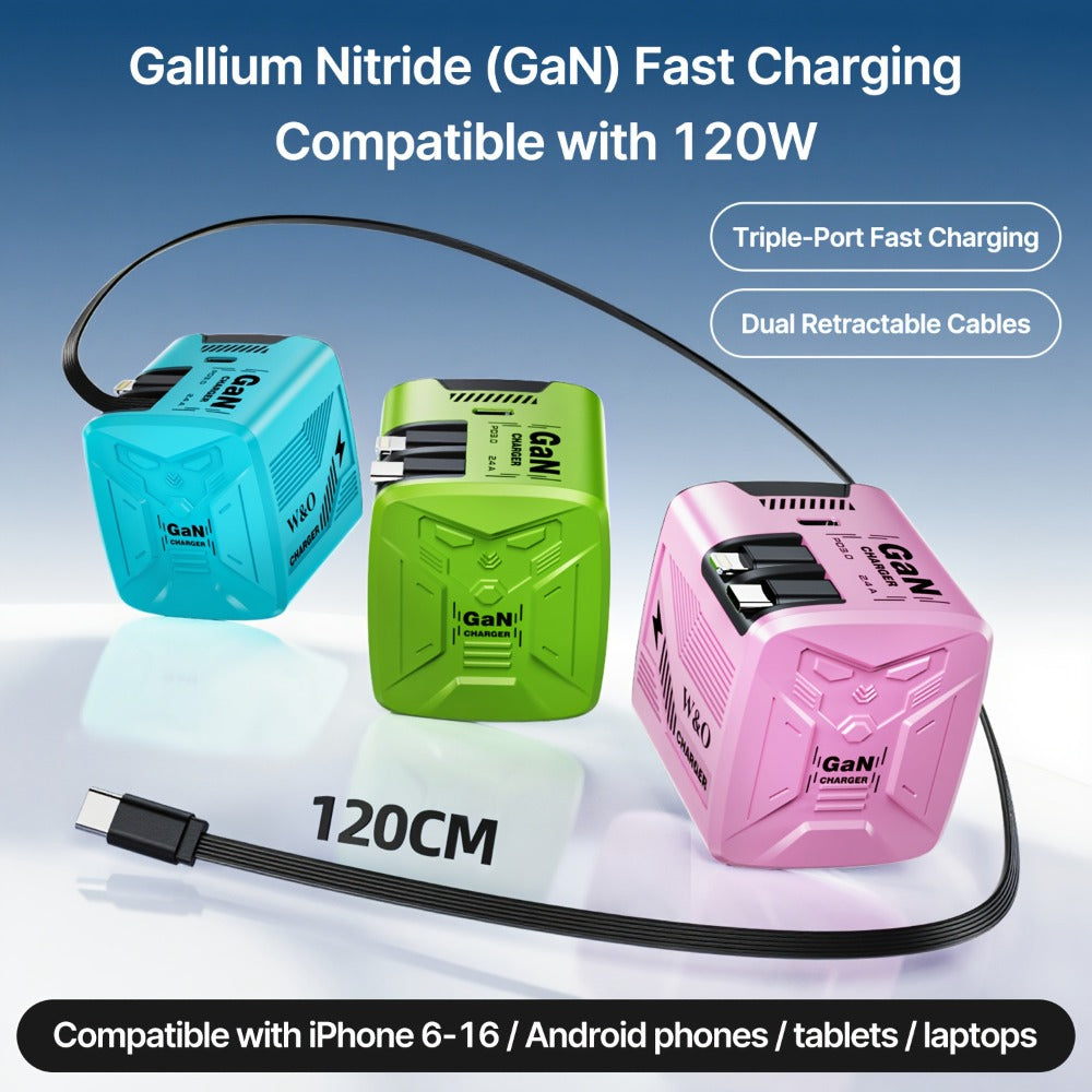 Dual Cable GaN Charger 120W with Built-In 47in Type-C & Lightning Retractable Cables, Foldable Plug – Tangle-Free Fast Charging USB-C Wall Adapter for iPhone 16 15 14 Pro Max, Samsung Galaxy S25 S24