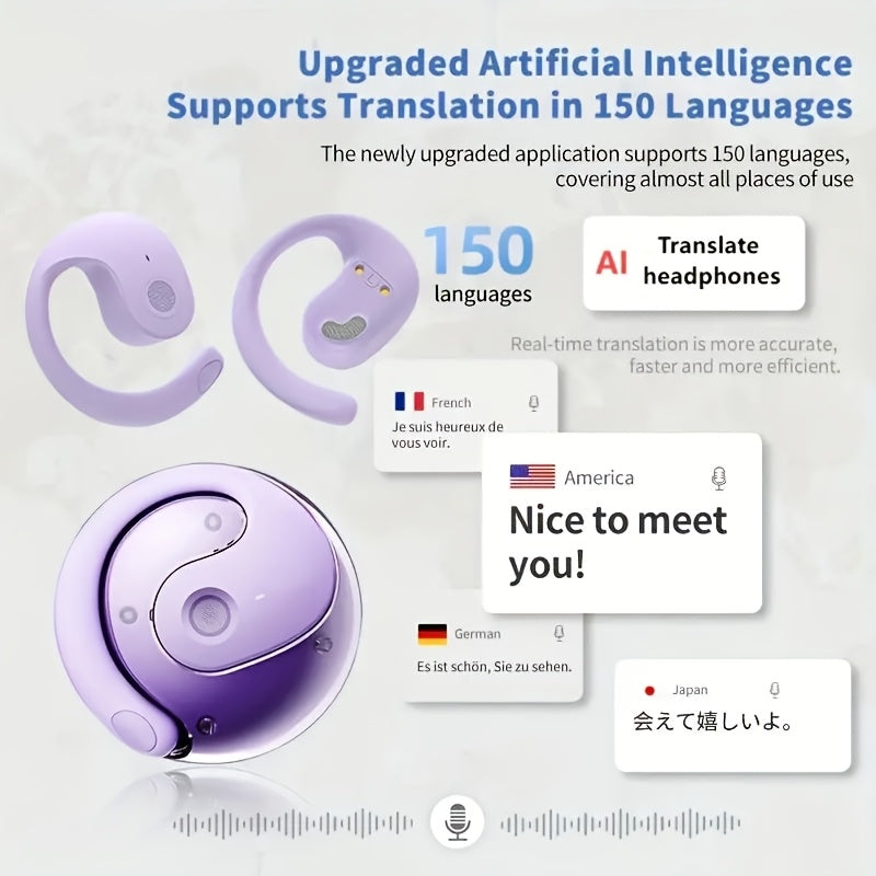 100 Language Real-Time Translation TWS Earphones Coconut Ball Pendant Wireless Earbuds Conference Recording Noise Canceling Mic Touch Control Fast Charging Type-C Free Lanyard for Travel Business
