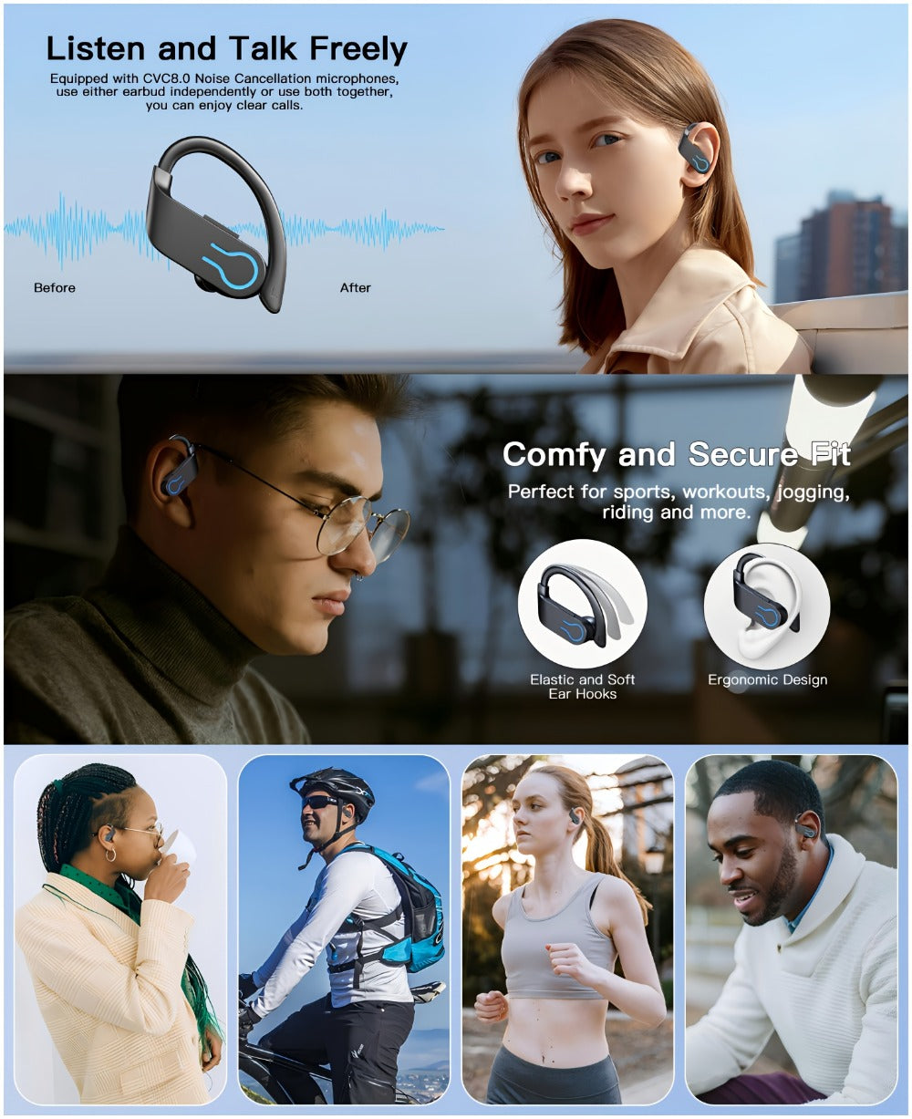 TWS Earhook Wireless Earbuds Semi-Open Back with LED Charging Case, ENC Noise Reduction, Touch Volume Control, Built-In Microphone, True Wireless Bluetooth Headphones for Sports Travel Work
