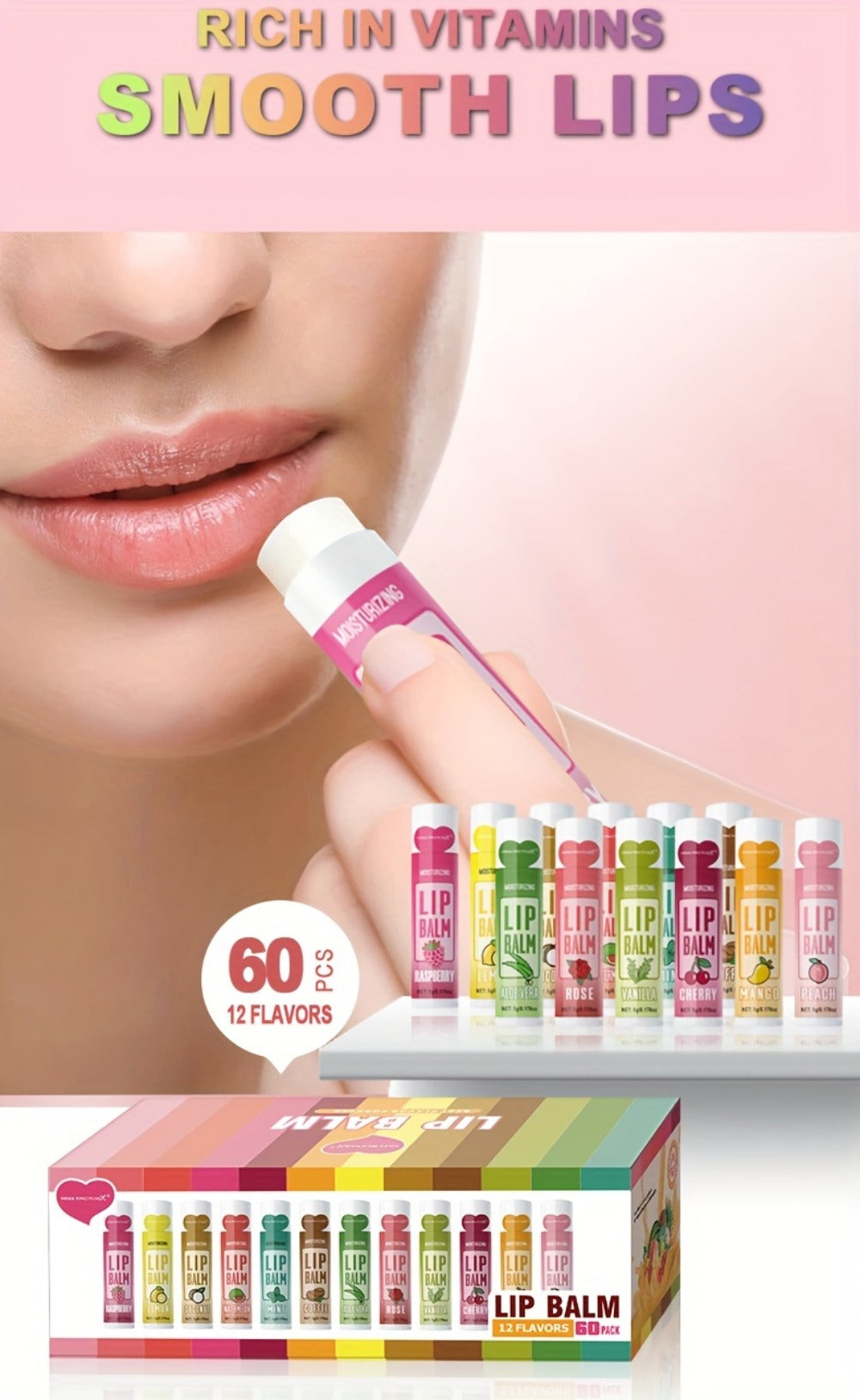 Glycerin Lip Butter Set 60 Pieces – 12 Scents Moisturizing Glossy Lip Balm, Deep Hydration for Soft Dry Lips, Valentine's Day & Holiday Gift Set for Women & Girls