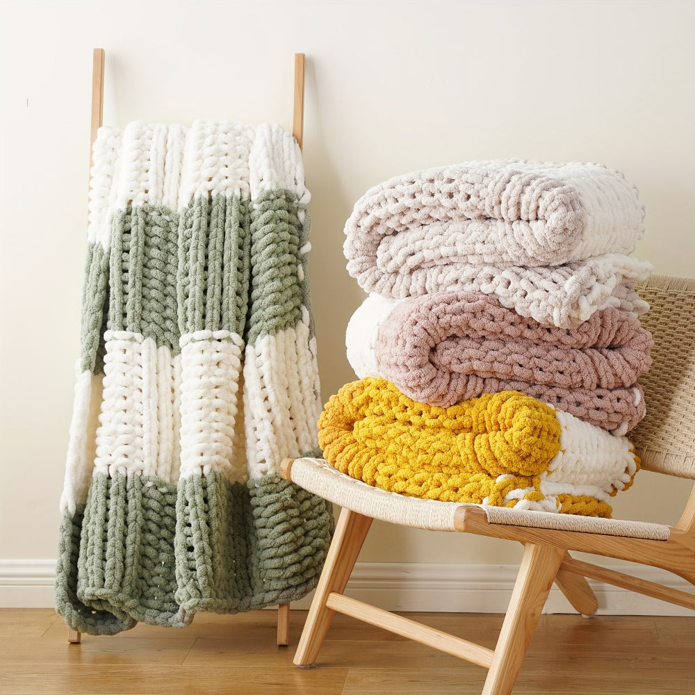Chunky Chenille Cable Knit Throw Blanket – 350-400gsm Soft Warm Crochet Throw for Sofa, Bed & Couch, Vintage Patchwork, 14 Colors