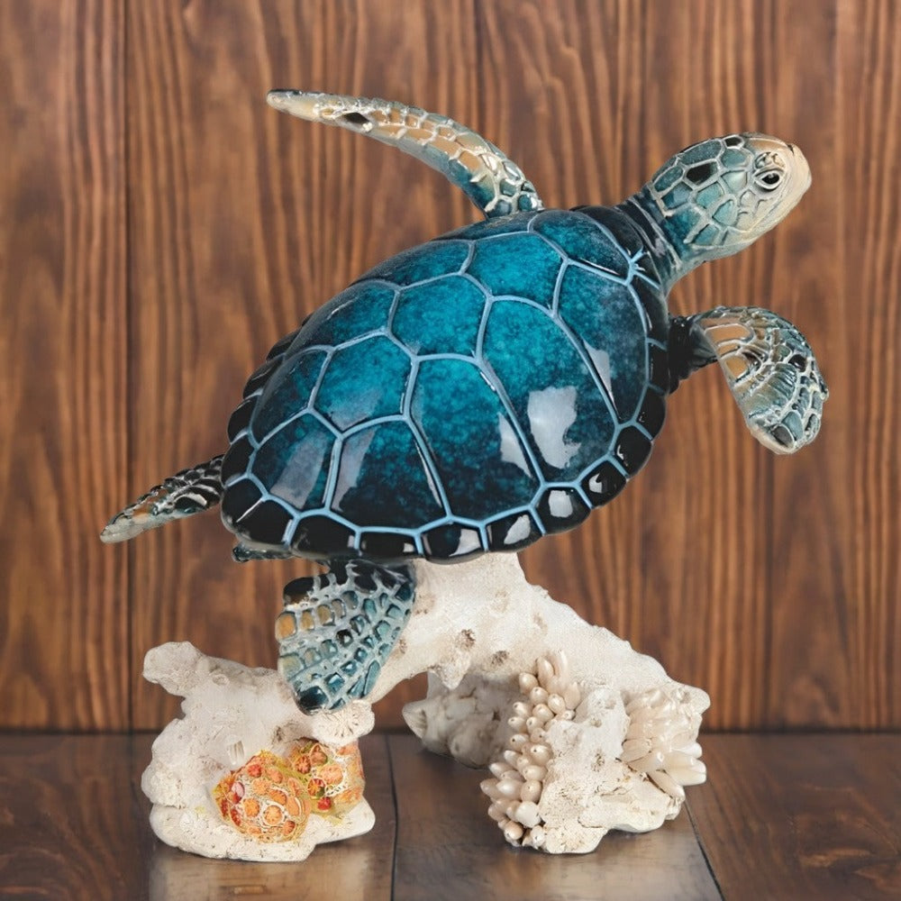 Sea Turtle Figurine Polyresin Home Decor, 4.75" Upward Swimming Turtle Sculpture for Living Room, Bedroom, Office & Bathroom, Unique Collectible Gift for Housewarming, Birthday & Holidays
