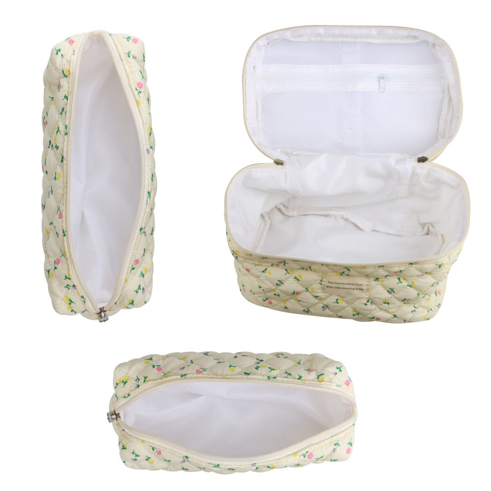 Quilted Floral Makeup Bag Set 3PCS Large Capacity Dual Layer Cotton Cosmetic Bags Coquette Aesthetic Travel Toiletry Organizer Gift for Women Girls Blue Rose Pink