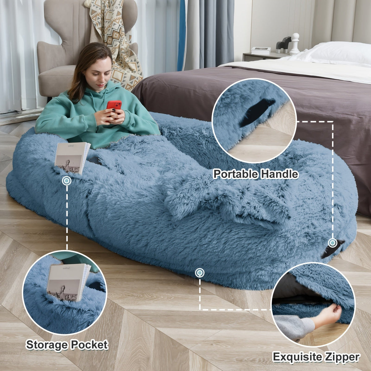 Human Dog Bed with Washable Faux Fur Cover in Two Size Options for People and Pets