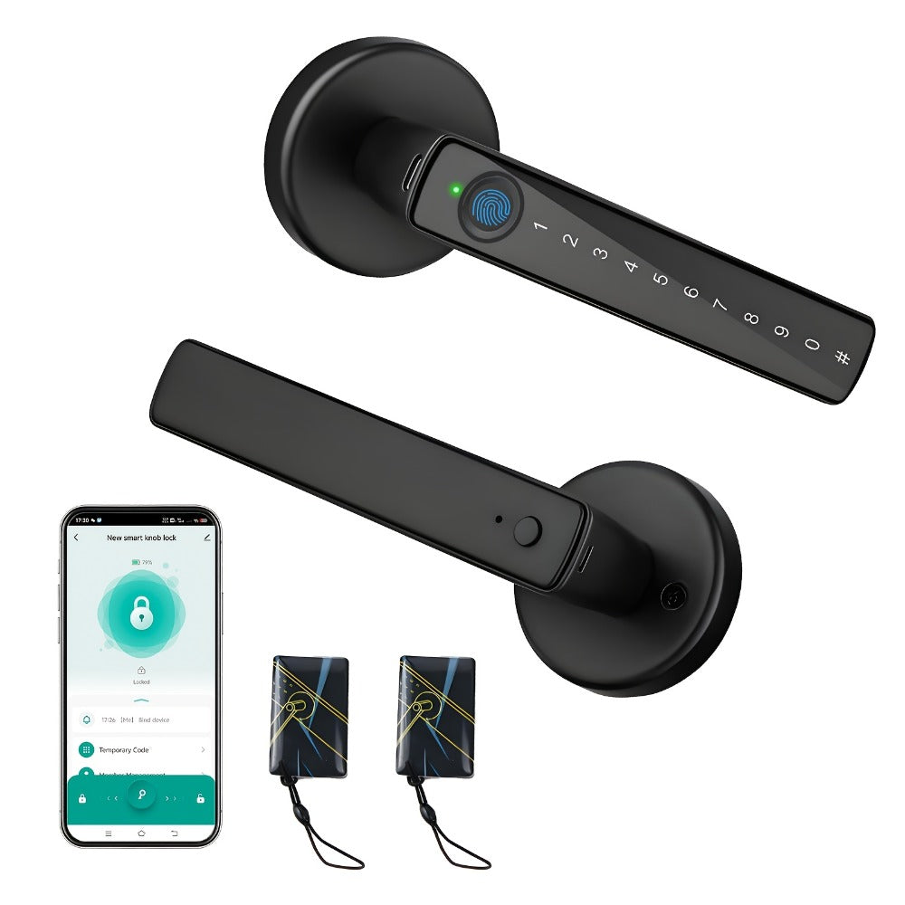 IC Card Door Lock Knob with Fingerprint, PIN & Key - 4-in-1 Biometric Keyless Entry Electronic Lock with Integrated Handle for Bedroom, Home, Hotel & Office, Easy DIY Install, Black