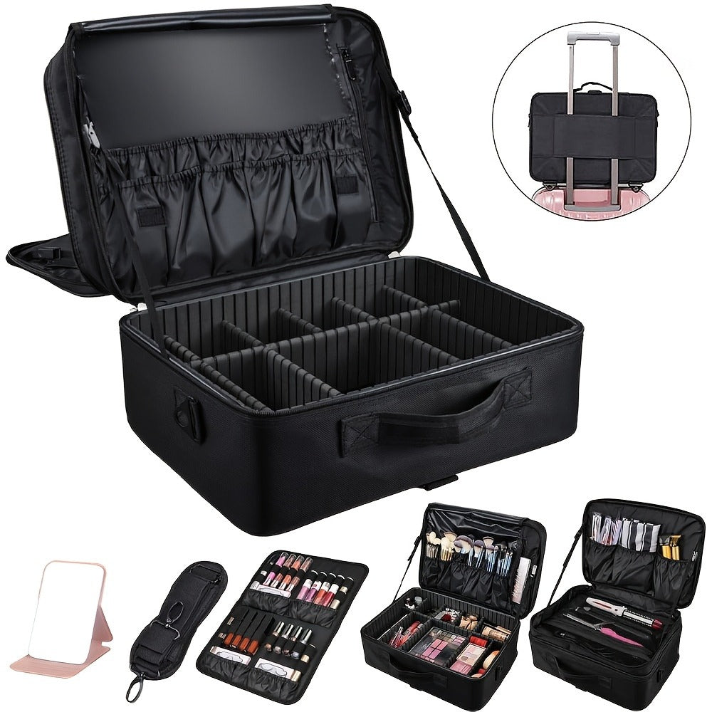Professional Makeup Train Case 3-Layer 15.8 Inch Large Cosmetic Organizer with Adjustable Dividers Brush Holder Shoulder Strap for Makeup Artist Travel Studio Black