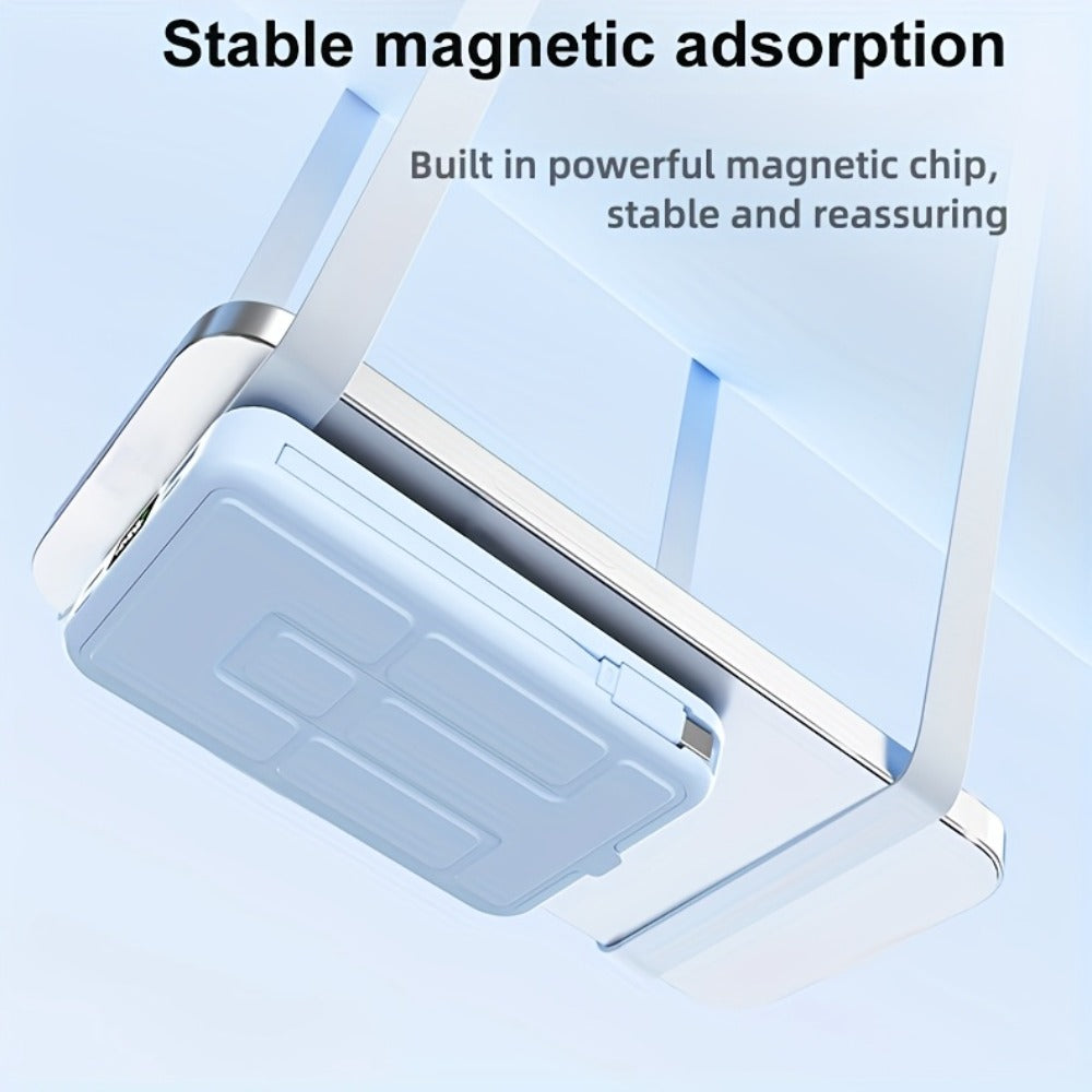 Magnetic Power Bank 10000mAh USB-C Fast Charging – Built-in Cable, Charges 5 Devices & Laptops Simultaneously, Foldable Stand, Portable External Battery for Travel Work Daily Use