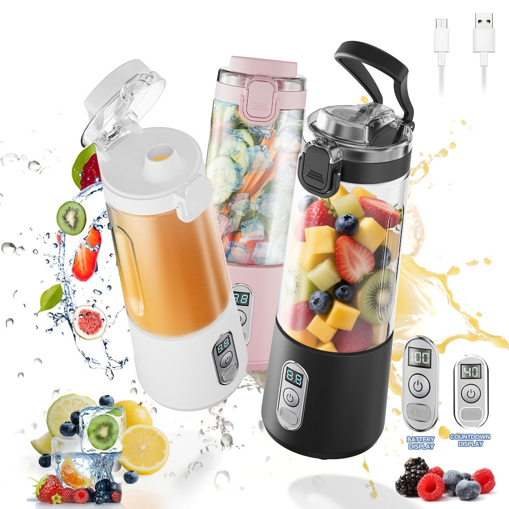 Portable Smoothie Blender USB-C Fast Charge 6-Blade Stainless Steel – Digital Timer Battery Display High-Speed Ice Crush No-Spill Lid | Protein Shake Gym Travel Blender in Black Pink White