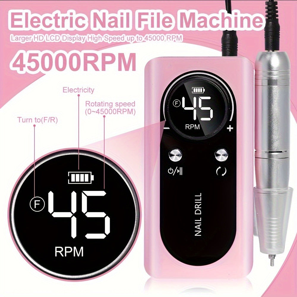 Low Noise Nail Drill Cordless 45000RPM Adjustable Speed with Power Display Portable Nail File Grinder for Gel Acrylic Nails Manicure Pedicure Home Salon Use Pink White Purple