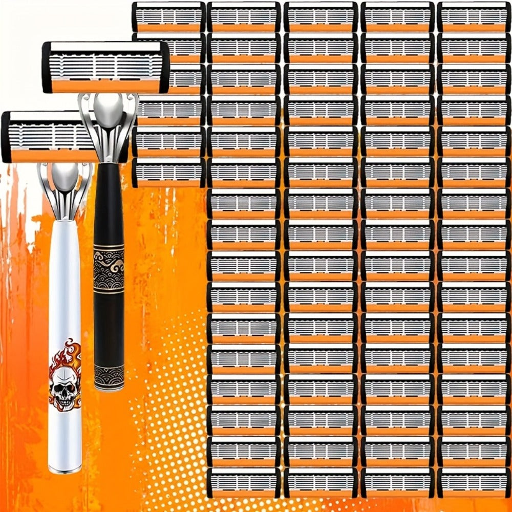 Men's Razor 6-Layer Blade 72 Replaceable Blades 2 Anti-Slip Handles – Ultra-Sharp Cartridge Shaver for Close Smooth Shave Face Beard Body Daily Travel Business Trip Grooming Gift Set for Men