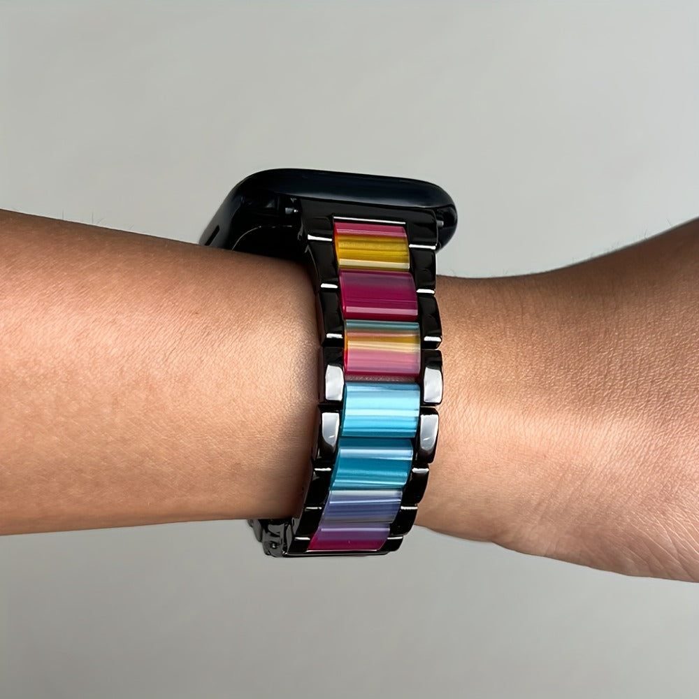 Stainless Steel Resin Apple Watch Band for Women – Gradient Brown & Rainbow Color Fashion Strap Compatible with Apple Watch Series 1–11 SE Ultra Ultra 2 38 40 41 42 44 45 46 49mm