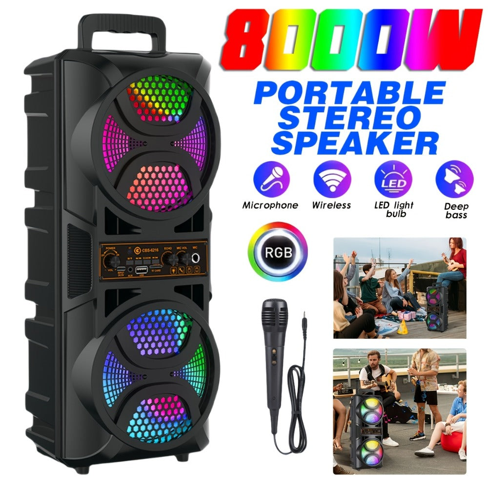8000W Portable Karaoke Speaker with Subwoofer & Microphone, High-Power Wireless Bluetooth Audio System, TF/USB/AUX/TWS Support, Clear Loud Sound for Camping, Outdoor Parties, Indoor Dancing & Family Gatherings