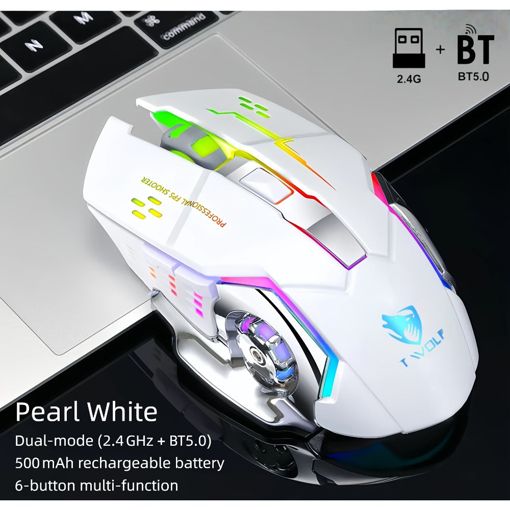 Ergonomic Silent Wireless Mouse T-WOLF Rechargeable Dual-Mode BT5.0 & 2.4G – Full-Size RGB Comfort Mouse for Work Study Gaming, Aesthetic Desk Setup, Back to School Gift for PC Laptop Mac