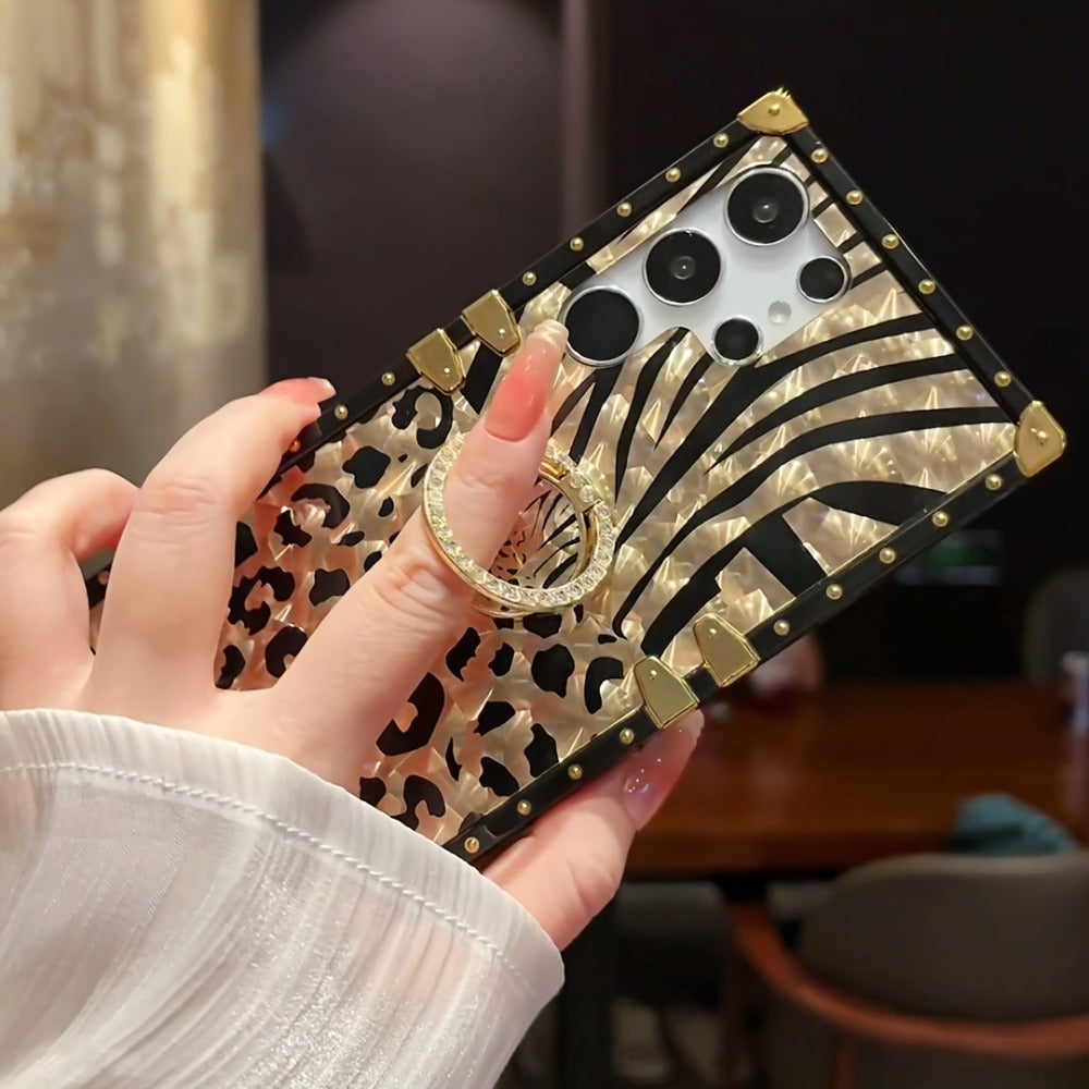 Leopard Print Samsung Galaxy Case Ring Holder Kickstand Anti-Drop Rectangular Cover for Galaxy S25 Ultra Plus S24 Ultra Plus FE S23 Ultra S22 Ultra S21 Ultra A56 A55 A54 A36 A35 A16 A15 A14 – Fashion Girly