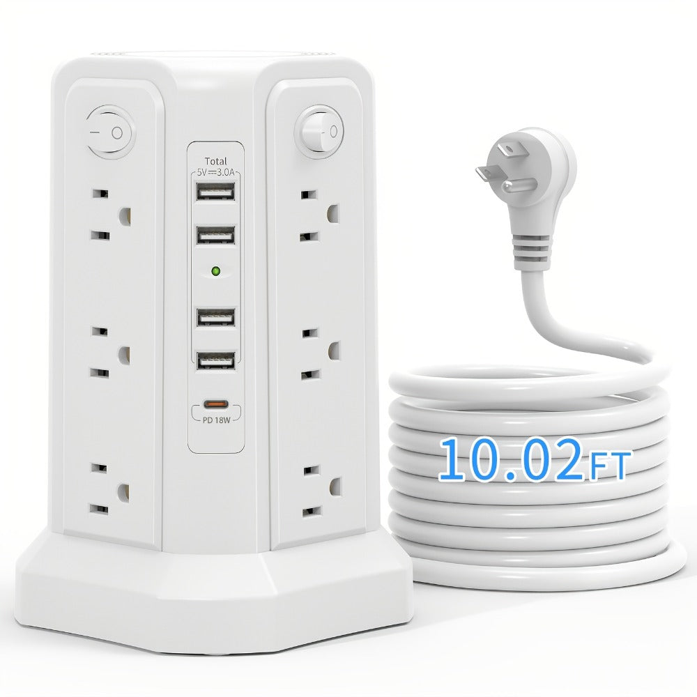 Surge Protector Power Strip Tower with 12 AC Outlets 5 USB Ports 8.8FT Extension Cord Night Light 4 Individual Switches Overload Protection for Home Office Desk Dorm Room