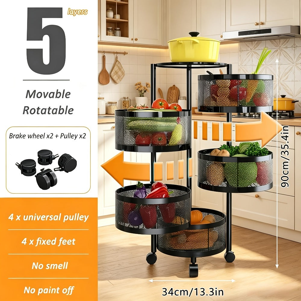 Rolling Storage Cart with Wheels 5-Tier 360° Rotating Kitchen Organizer Basket, No Assembly Space-Saving Floor Standing Bin for Kitchen Pantry Bathroom Bedroom Fruits Vegetables Home Organization