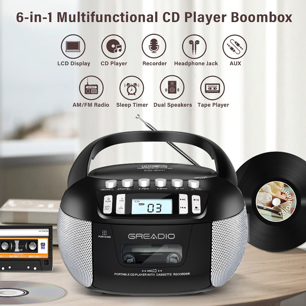 CD and Cassette Player Combo Boombox Portable AM FM Radio Tape Recording Stereo Sound AC DC Powered AUX Headphone Jack Sleep Timer for Home Seniors