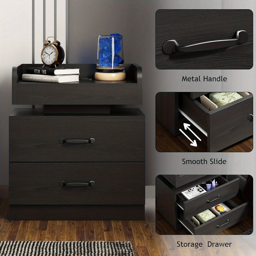 Small Nightstand with USB Charging Station & LED Lights – Compact Bedside Table with Drawer | Under 27 Inch Floor Mount | Dorm Studio Apartment Small Bedroom | Black or White | College Dorm Gift