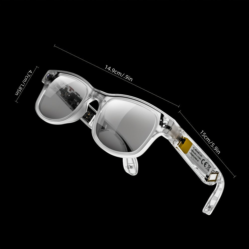 Smart Glasses with Camera 8MP Dual Lens 1080P HD – AI Auto Color Change, Air Conduction 360° Sound, Dual Mic, 290mAh Battery, 3 Lenses, Black & Transparent Frame