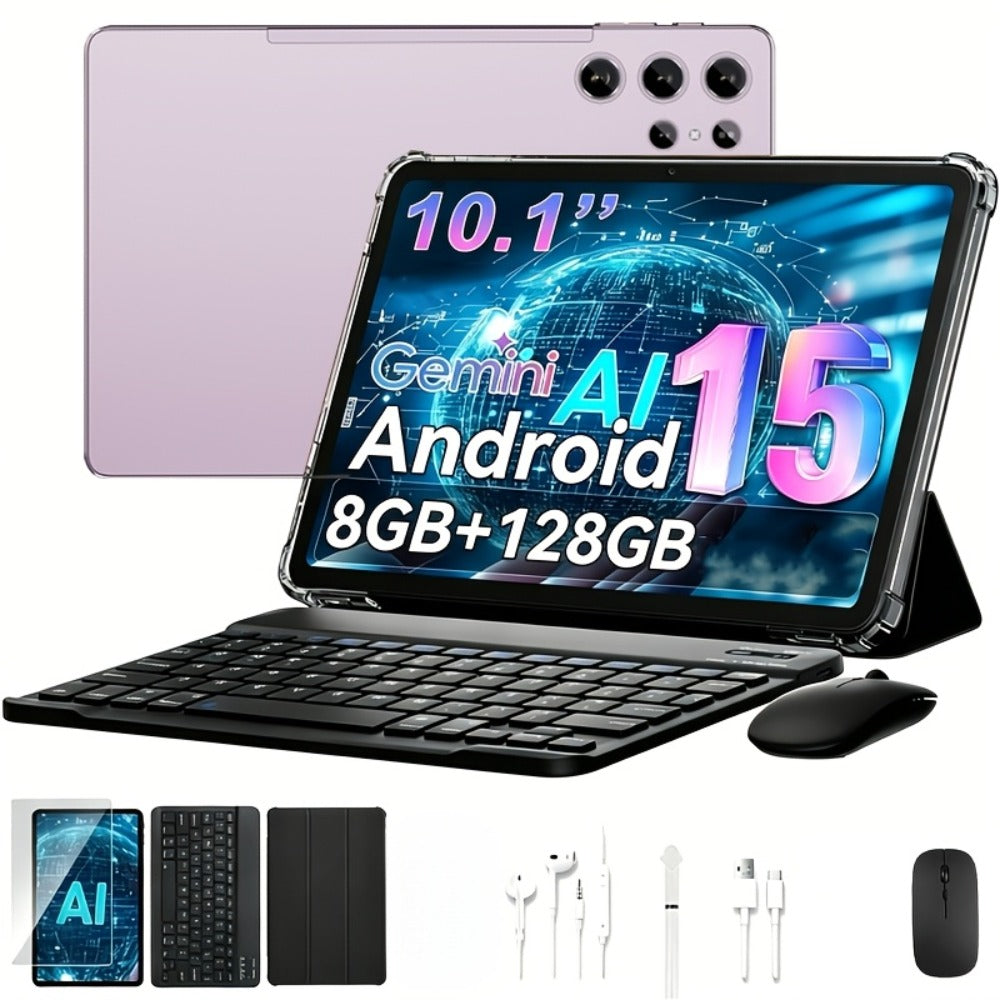 2-in-1 Tablet Android 15, 10.1 Inch Tablet with Keyboard Case Stylus, 8GB RAM 128GB ROM, 8000mAh Battery, 5G WiFi, 5MP+16MP Dual Camera, 1280x800 FHD IPS, Tablet PC for Adults Kids