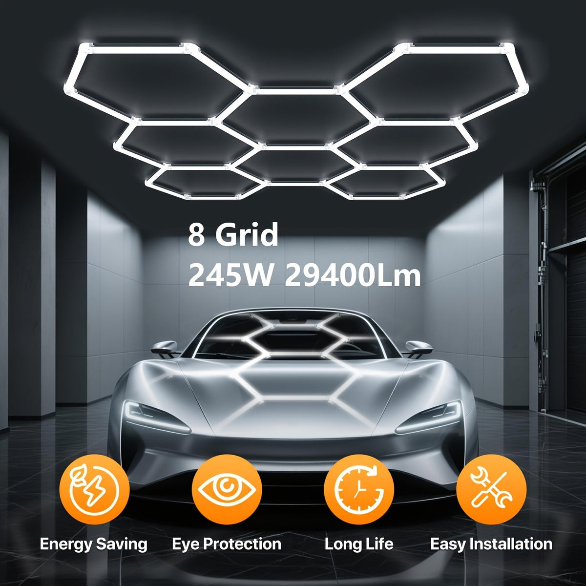 LED Hexagonal Garage Light 6500K – Super Bright Daylight White Shop Light 42W–620W for Auto Detailing, Warehouse, Workshop, Basement & Gym (1 to 32 Grids, Hex Frame Available)