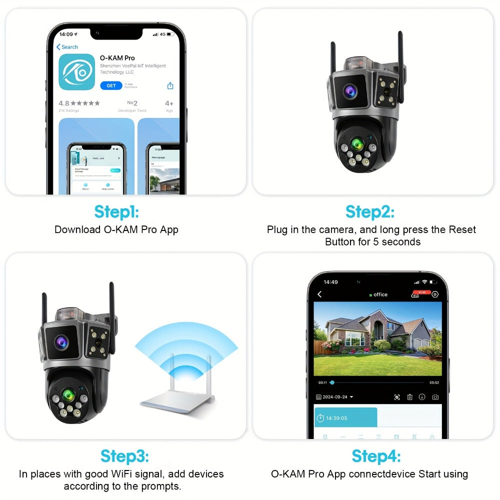 Dual Lens 3-Scene Security Camera WiFi Outdoor Indoor 355° Pan Tilt with Color Night Vision, AI Motion Sensor Alarm, Remote Monitoring, Cloud Storage & SD Card Up to 256GB – Wire-Free Home Surveillance