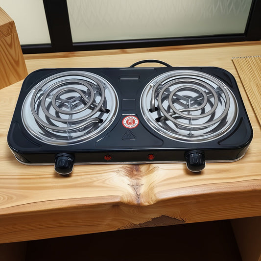 Double Burner Electric Stove with Adjustable Rotary Heat Control, Black