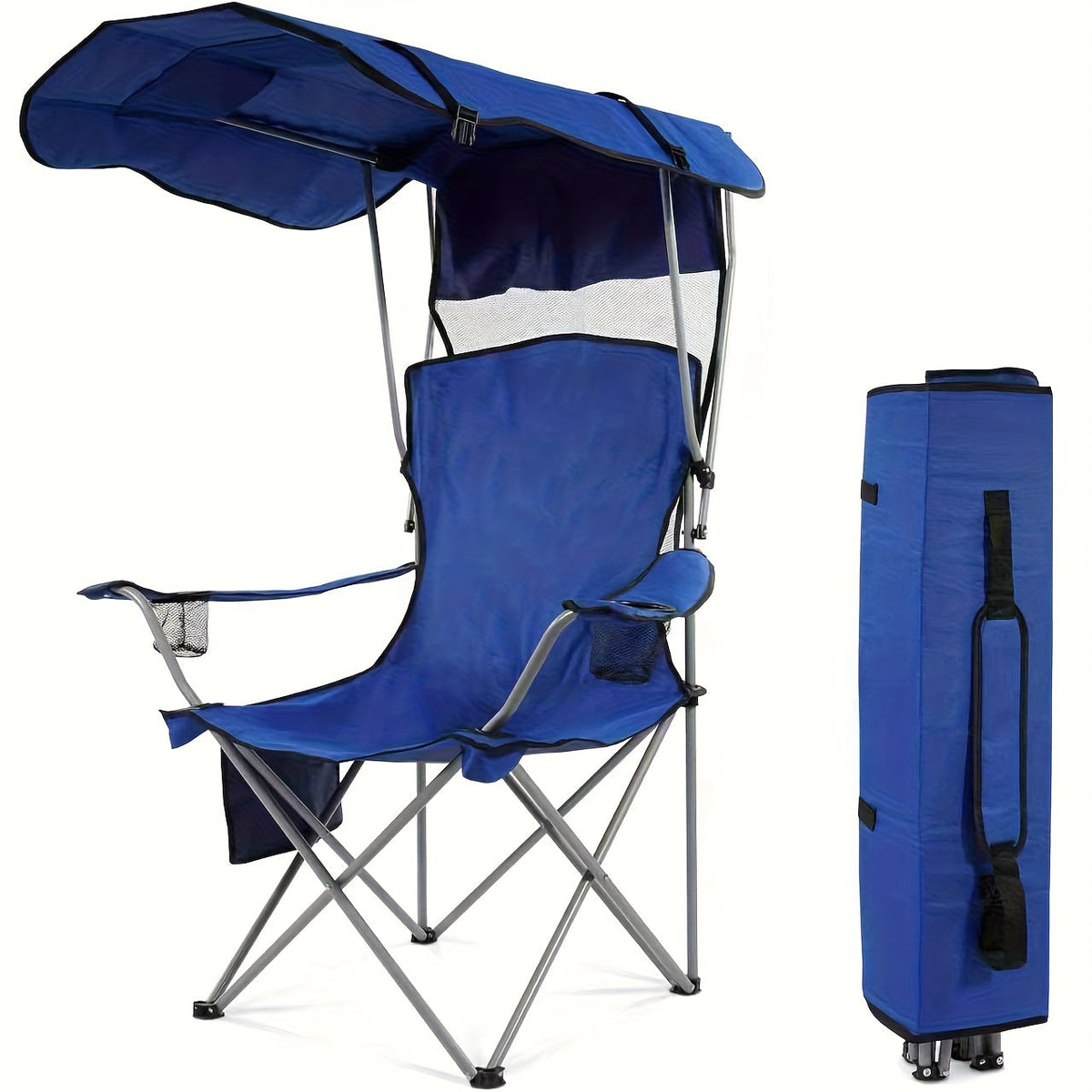 Folding Camping Chair with Sunshade Canopy, Heavy Duty Portable Outdoor Chair with Armrests Cup Holder & Carry Bag for Beach Fishing Picnic Sports