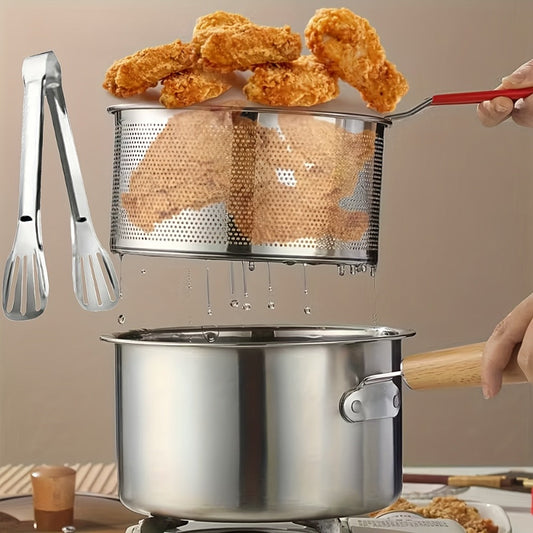 Stainless Steel Deep Fryer Set with Nonstick Pot, Rack, Glass Lid & Tongs, 4-Piece